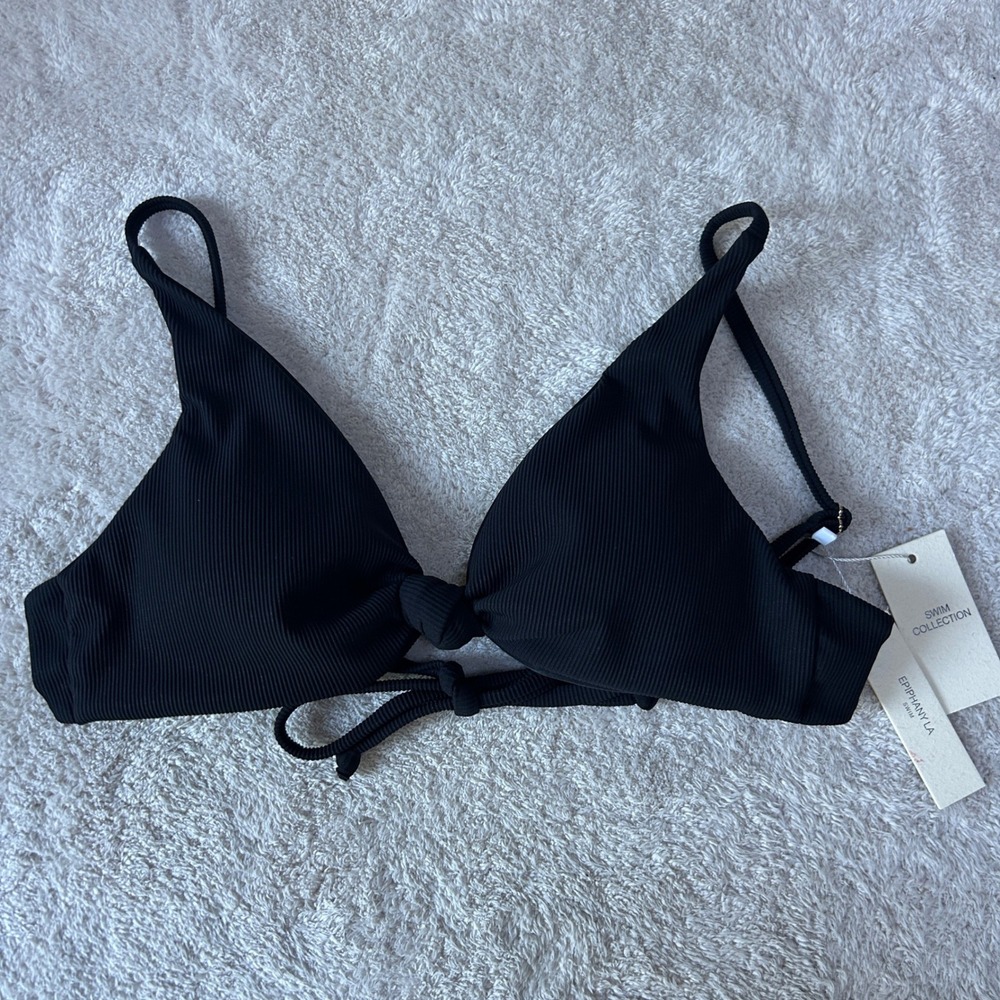 Epiphany LA Swim Black Ribbed Knot Triangle Bikini Top Small BK-TP-KNOT-S NWT